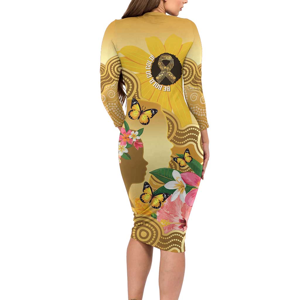 Australia Childhood Cancer Awareness Month Long Sleeve Bodycon Dress Be Bold Go Gold Aboriginal Art