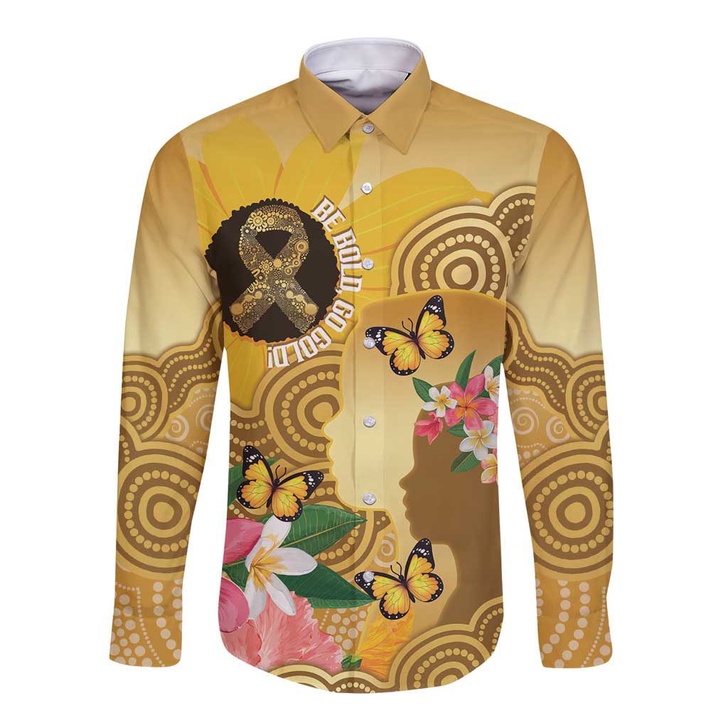 Australia Childhood Cancer Awareness Month Long Sleeve Button Shirt Be Bold Go Gold Aboriginal Art