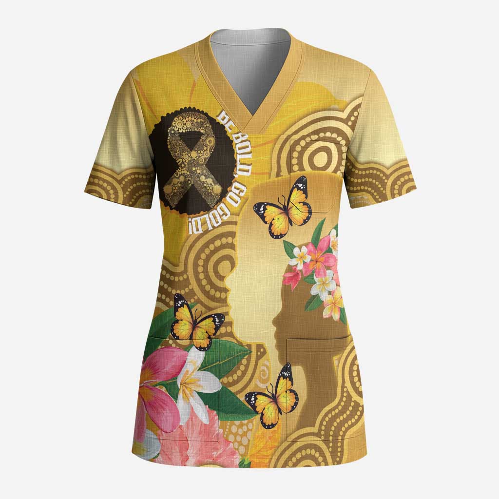 Australia Childhood Cancer Awareness Month Scrub Top Be Bold Go Gold Aboriginal Art - Aussie Hoodie