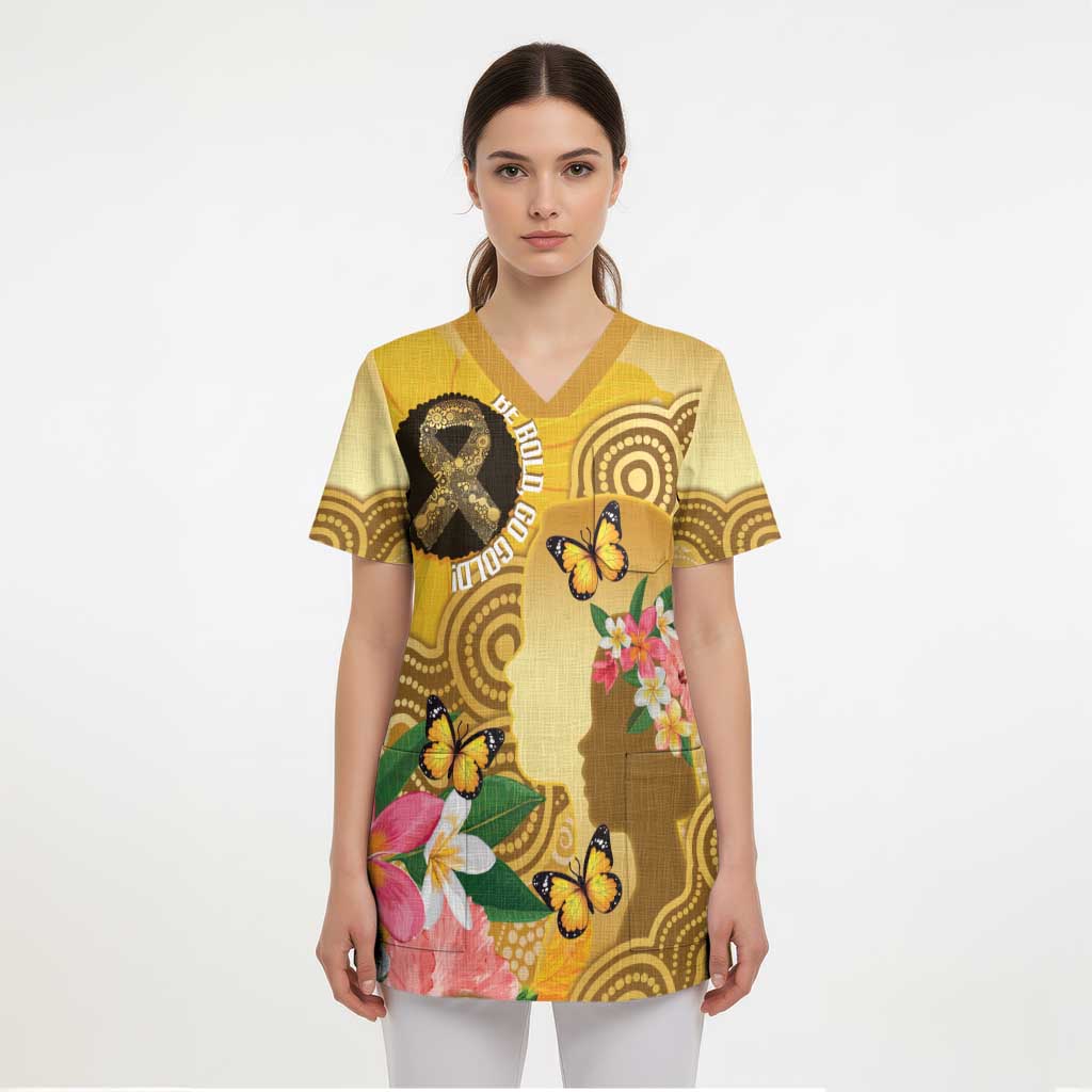Australia Childhood Cancer Awareness Month Scrub Top Be Bold Go Gold Aboriginal Art - Aussie Hoodie