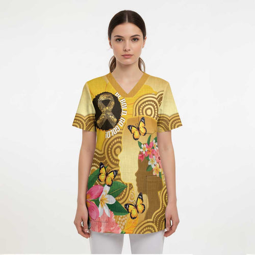 Australia Childhood Cancer Awareness Month Scrub Top Be Bold Go Gold Aboriginal Art - Aussie Hoodie