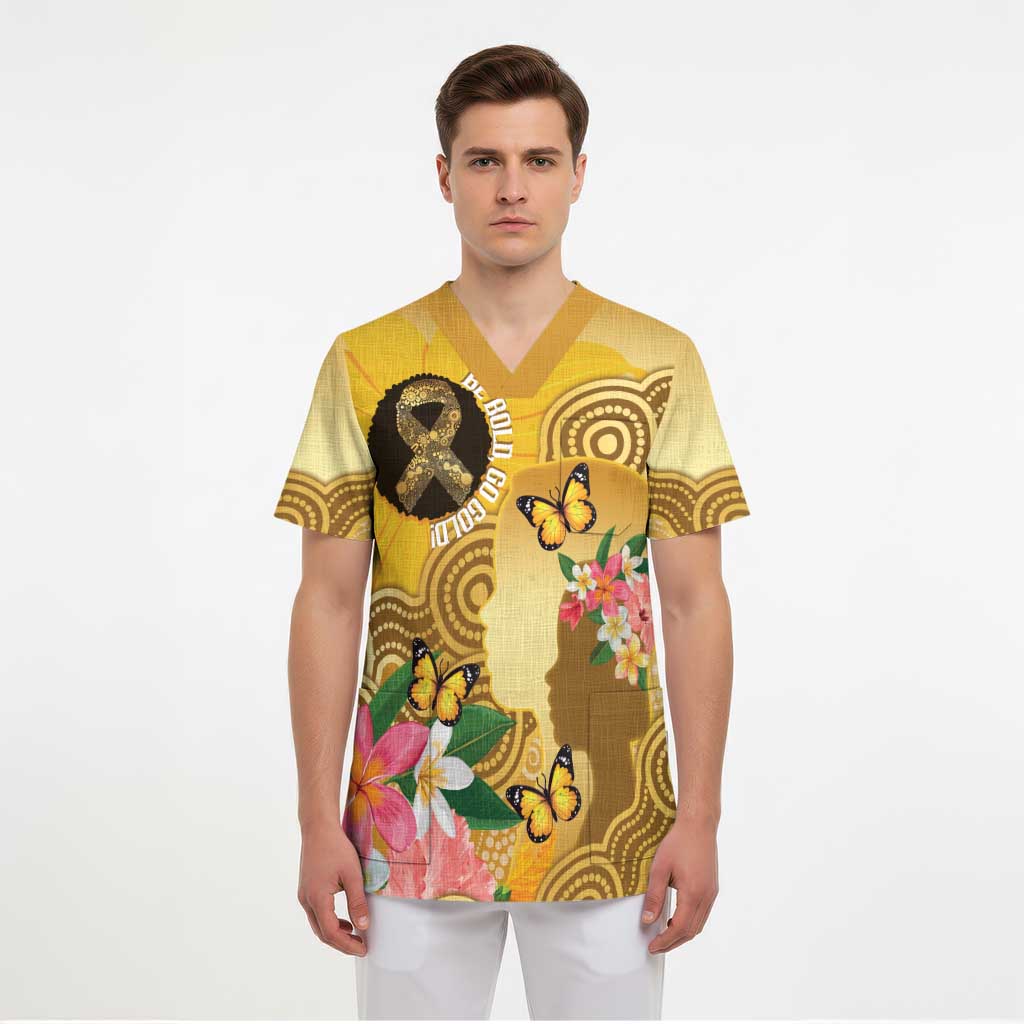 Australia Childhood Cancer Awareness Month Scrub Top Be Bold Go Gold Aboriginal Art - Aussie Hoodie