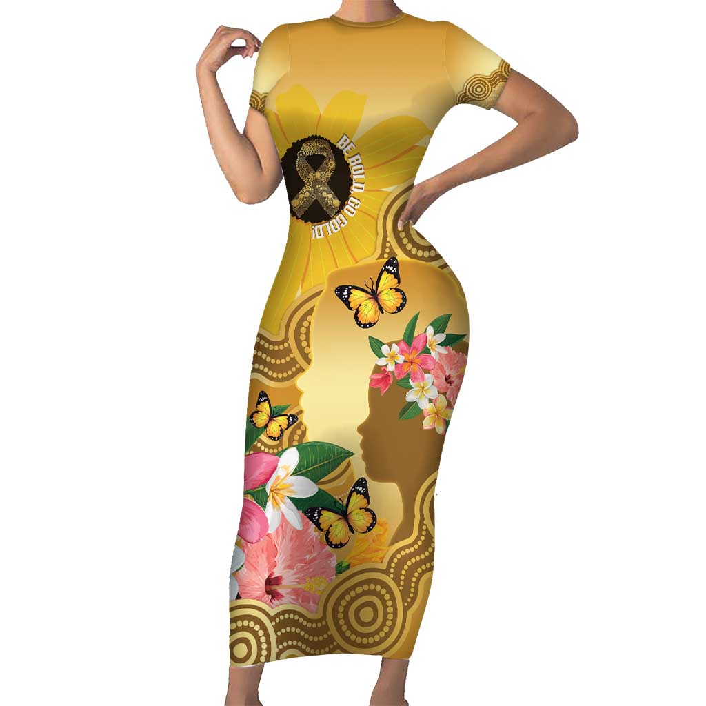 Australia Childhood Cancer Awareness Month Short Sleeve Bodycon Dress Be Bold Go Gold Aboriginal Art