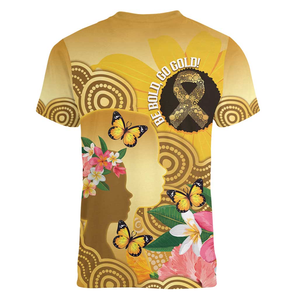 Australia Childhood Cancer Awareness Month Women V-Neck T-Shirt Be Bold Go Gold Aboriginal Art