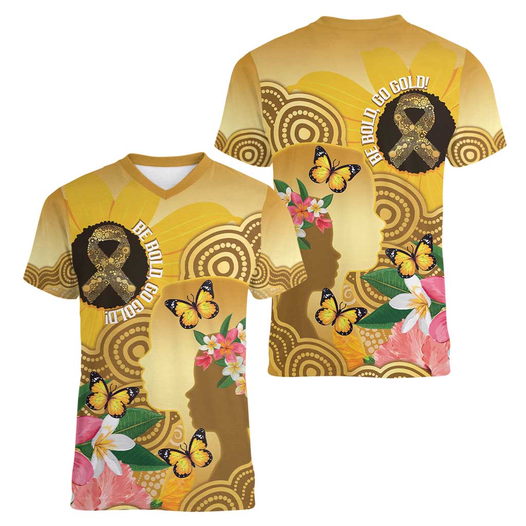 Australia Childhood Cancer Awareness Month Women V-Neck T-Shirt Be Bold Go Gold Aboriginal Art