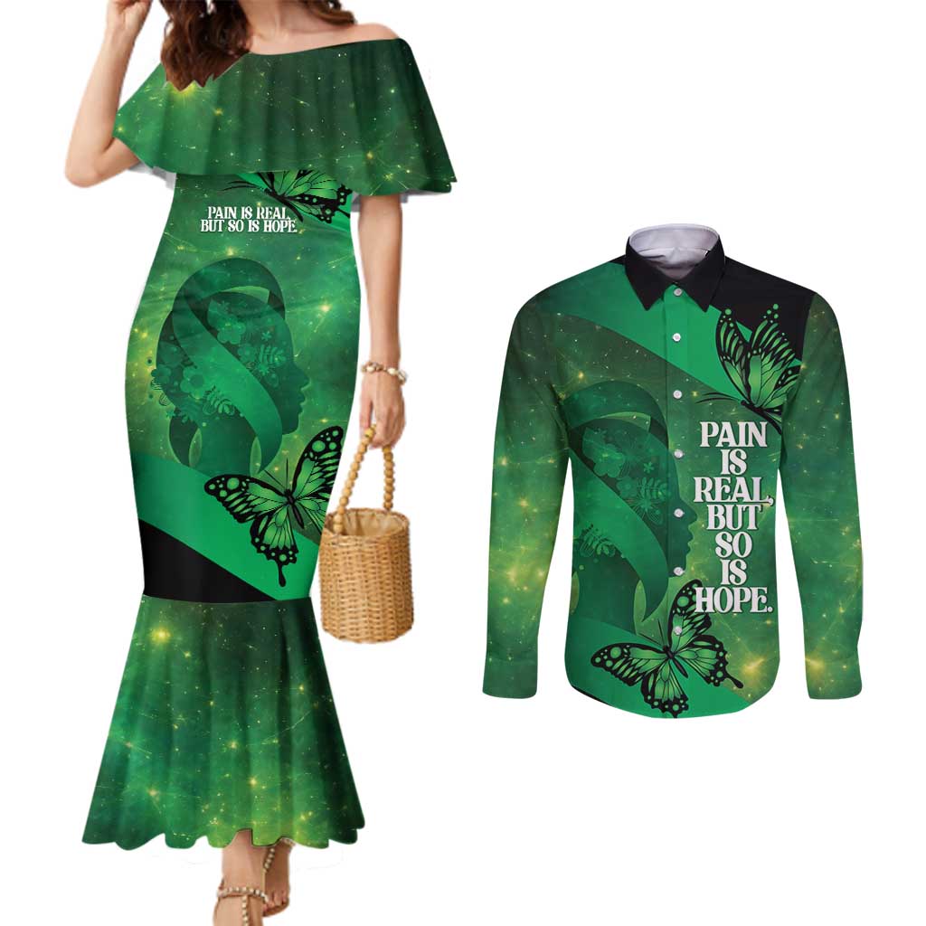 Personalised World Mental Health Awareness Month Couples Matching Mermaid Dress and Long Sleeve Button Shirt Warriors Brave Strong Galaxy Vibes