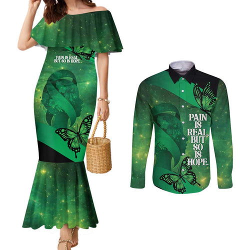 Personalised World Mental Health Awareness Month Couples Matching Mermaid Dress and Long Sleeve Button Shirt Warriors Brave Strong Galaxy Vibes