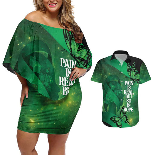 Personalised World Mental Health Awareness Month Couples Matching Off Shoulder Short Dress and Hawaiian Shirt Warriors Brave Strong Galaxy Vibes