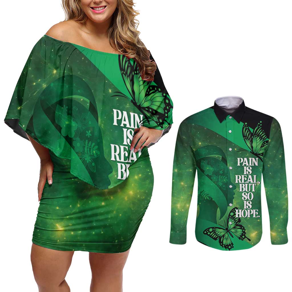 Personalised World Mental Health Awareness Month Couples Matching Off Shoulder Short Dress and Long Sleeve Button Shirt Warriors Brave Strong Galaxy Vibes