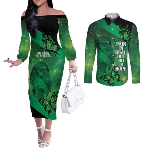 Personalised World Mental Health Awareness Month Couples Matching Off The Shoulder Long Sleeve Dress and Long Sleeve Button Shirt Warriors Brave Strong Galaxy Vibes