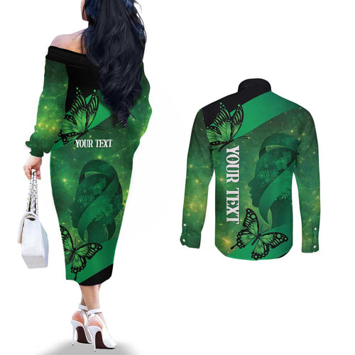 Personalised World Mental Health Awareness Month Couples Matching Off The Shoulder Long Sleeve Dress and Long Sleeve Button Shirt Warriors Brave Strong Galaxy Vibes