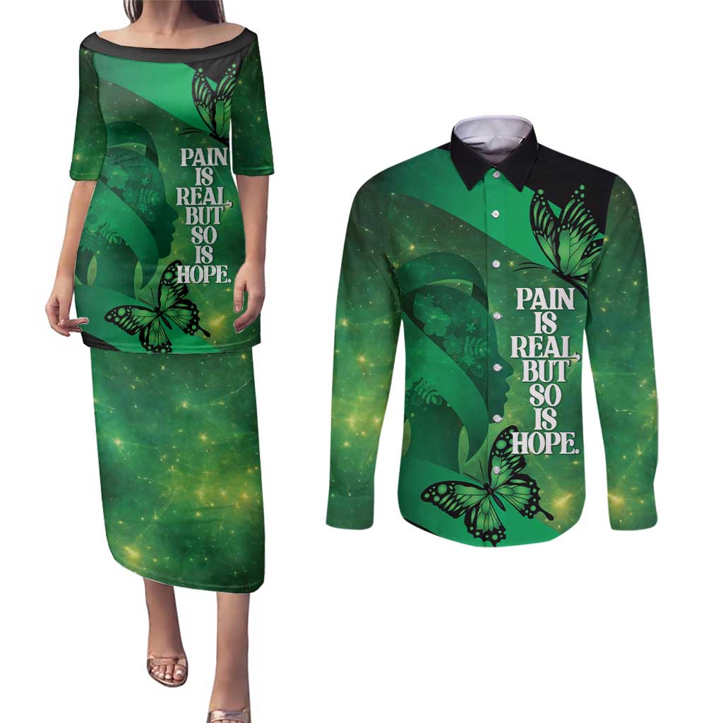 Personalised World Mental Health Awareness Month Couples Matching Puletasi and Long Sleeve Button Shirt Warriors Brave Strong Galaxy Vibes