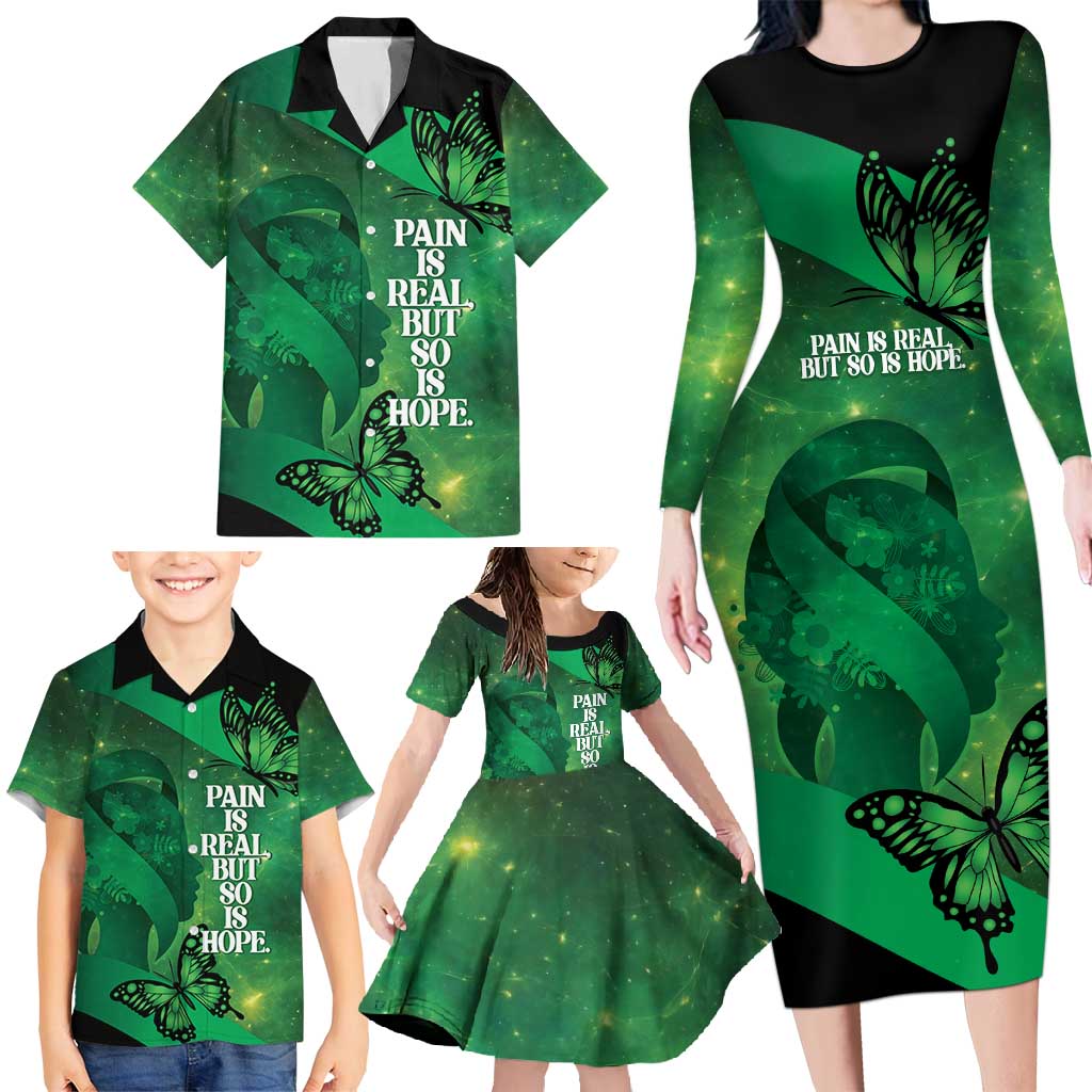 Personalised World Mental Health Awareness Month Family Matching Long Sleeve Bodycon Dress and Hawaiian Shirt Warriors Brave Strong Galaxy Vibes