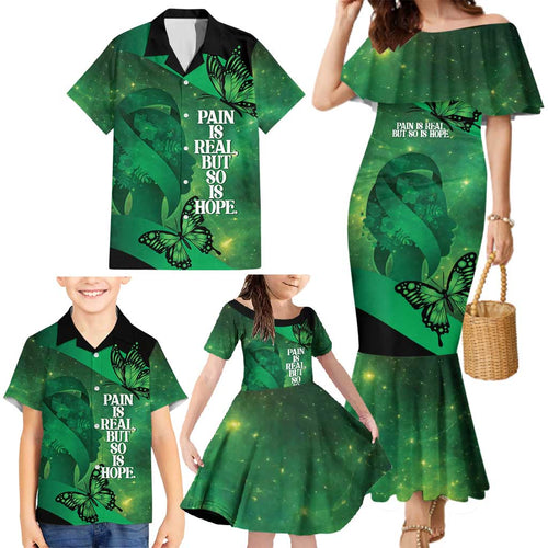 Personalised World Mental Health Awareness Month Family Matching Mermaid Dress and Hawaiian Shirt Warriors Brave Strong Galaxy Vibes