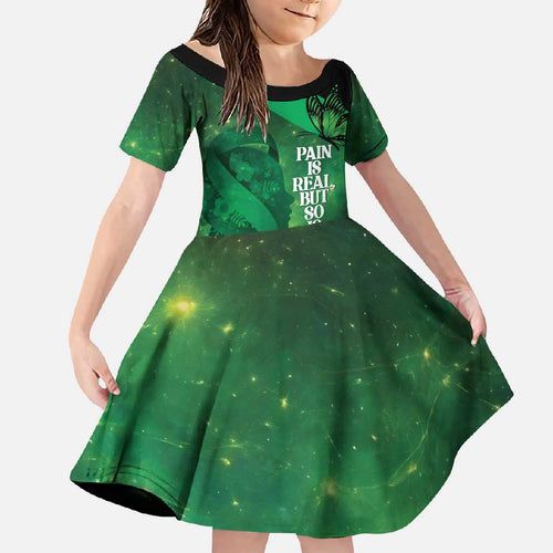 Personalised World Mental Health Awareness Month Family Matching Off Shoulder Maxi Dress and Hawaiian Shirt Warriors Brave Strong Galaxy Vibes