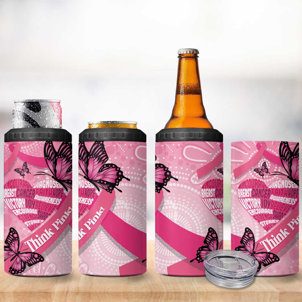 Australia Breast Cancer Awareness Month 4 in 1 Can Cooler Tumbler Pink Ribbon Mix Butterflies