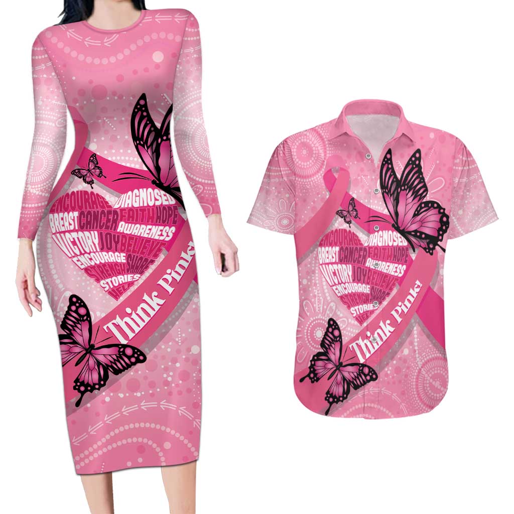 Australia Breast Cancer Awareness Month Couples Matching Long Sleeve Bodycon Dress and Hawaiian Shirt Pink Ribbon Mix Butterflies