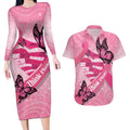 Australia Breast Cancer Awareness Month Couples Matching Long Sleeve Bodycon Dress and Hawaiian Shirt Pink Ribbon Mix Butterflies