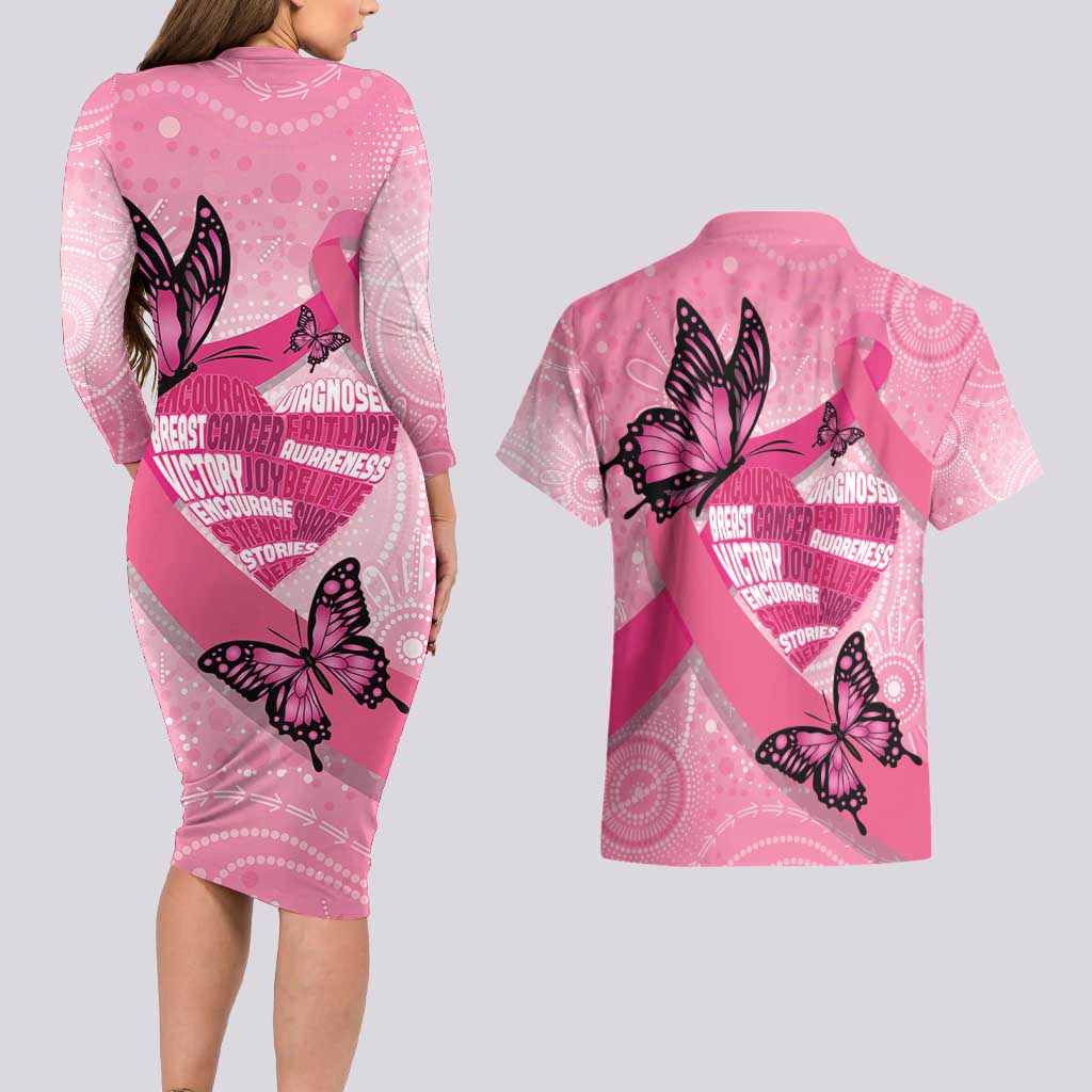 Australia Breast Cancer Awareness Month Couples Matching Long Sleeve Bodycon Dress and Hawaiian Shirt Pink Ribbon Mix Butterflies