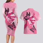 Australia Breast Cancer Awareness Month Couples Matching Long Sleeve Bodycon Dress and Hawaiian Shirt Pink Ribbon Mix Butterflies