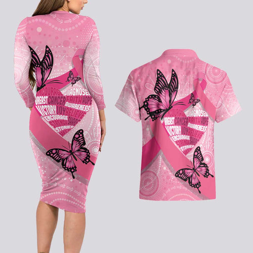 Australia Breast Cancer Awareness Month Couples Matching Long Sleeve Bodycon Dress and Hawaiian Shirt Pink Ribbon Mix Butterflies