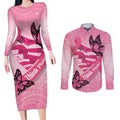 Australia Breast Cancer Awareness Month Couples Matching Long Sleeve Bodycon Dress and Long Sleeve Button Shirt Pink Ribbon Mix Butterflies