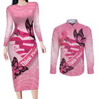 Australia Breast Cancer Awareness Month Couples Matching Long Sleeve Bodycon Dress and Long Sleeve Button Shirt Pink Ribbon Mix Butterflies