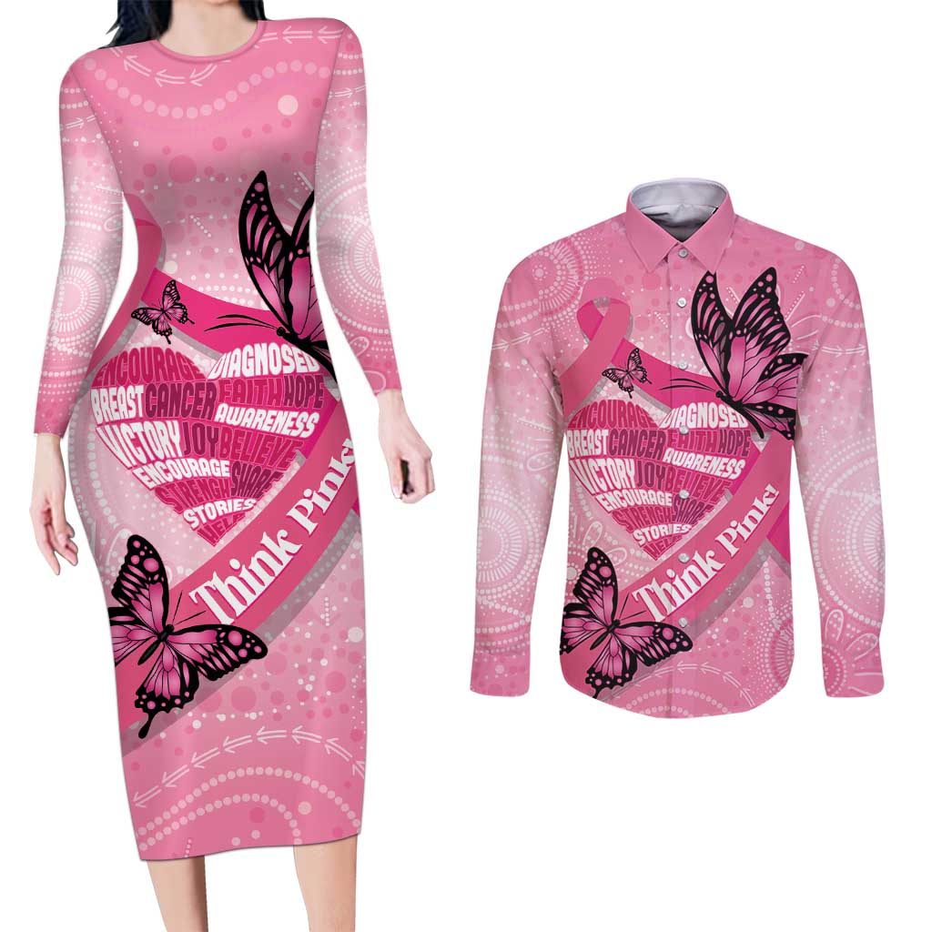 Australia Breast Cancer Awareness Month Couples Matching Long Sleeve Bodycon Dress and Long Sleeve Button Shirt Pink Ribbon Mix Butterflies