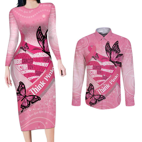 Australia Breast Cancer Awareness Month Couples Matching Long Sleeve Bodycon Dress and Long Sleeve Button Shirt Pink Ribbon Mix Butterflies