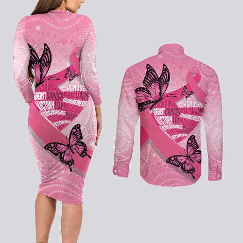 Australia Breast Cancer Awareness Month Couples Matching Long Sleeve Bodycon Dress and Long Sleeve Button Shirt Pink Ribbon Mix Butterflies