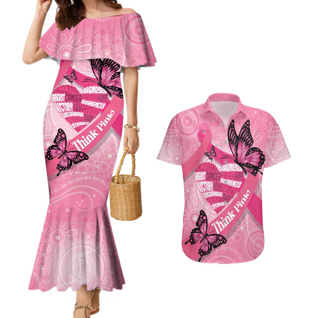 Australia Breast Cancer Awareness Month Couples Matching Mermaid Dress and Hawaiian Shirt Pink Ribbon Mix Butterflies