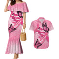 Australia Breast Cancer Awareness Month Couples Matching Mermaid Dress and Hawaiian Shirt Pink Ribbon Mix Butterflies