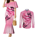 Australia Breast Cancer Awareness Month Couples Matching Mermaid Dress and Long Sleeve Button Shirt Pink Ribbon Mix Butterflies