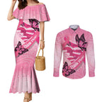 Australia Breast Cancer Awareness Month Couples Matching Mermaid Dress and Long Sleeve Button Shirt Pink Ribbon Mix Butterflies