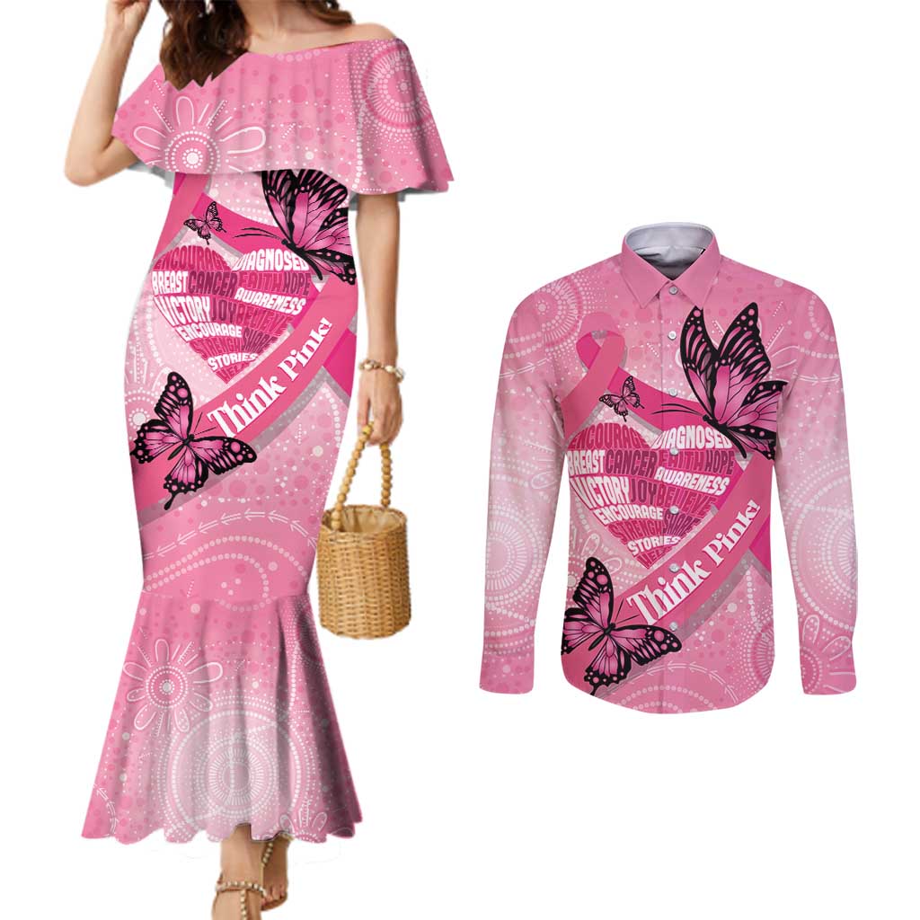 Australia Breast Cancer Awareness Month Couples Matching Mermaid Dress and Long Sleeve Button Shirt Pink Ribbon Mix Butterflies