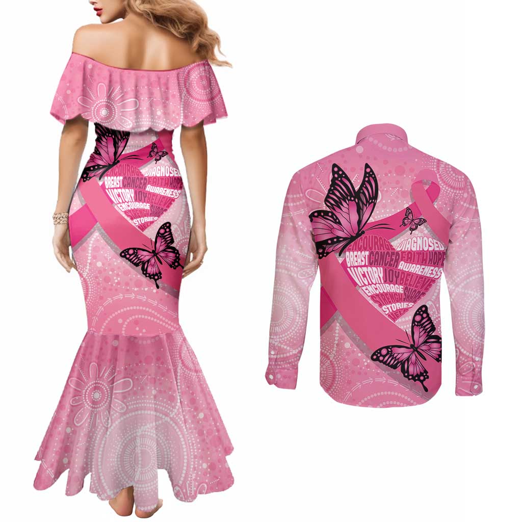 Australia Breast Cancer Awareness Month Couples Matching Mermaid Dress and Long Sleeve Button Shirt Pink Ribbon Mix Butterflies