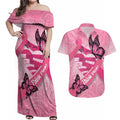 Australia Breast Cancer Awareness Month Couples Matching Off Shoulder Maxi Dress and Hawaiian Shirt Pink Ribbon Mix Butterflies
