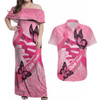 Australia Breast Cancer Awareness Month Couples Matching Off Shoulder Maxi Dress and Hawaiian Shirt Pink Ribbon Mix Butterflies