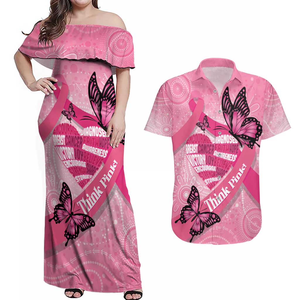 Australia Breast Cancer Awareness Month Couples Matching Off Shoulder Maxi Dress and Hawaiian Shirt Pink Ribbon Mix Butterflies
