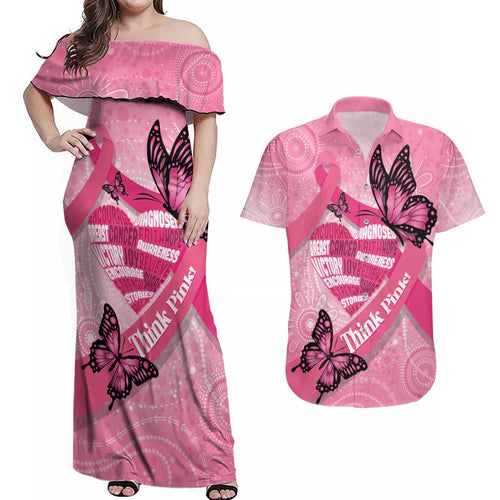 Australia Breast Cancer Awareness Month Couples Matching Off Shoulder Maxi Dress and Hawaiian Shirt Pink Ribbon Mix Butterflies