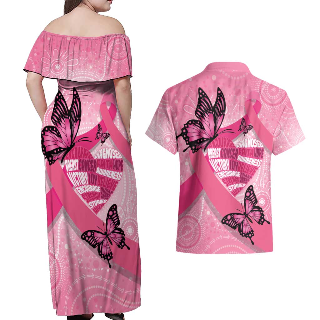Australia Breast Cancer Awareness Month Couples Matching Off Shoulder Maxi Dress and Hawaiian Shirt Pink Ribbon Mix Butterflies