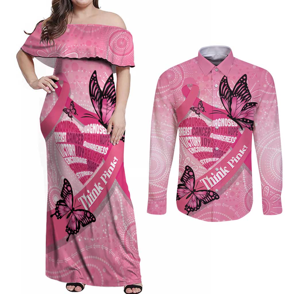 Australia Breast Cancer Awareness Month Couples Matching Off Shoulder Maxi Dress and Long Sleeve Button Shirt Pink Ribbon Mix Butterflies