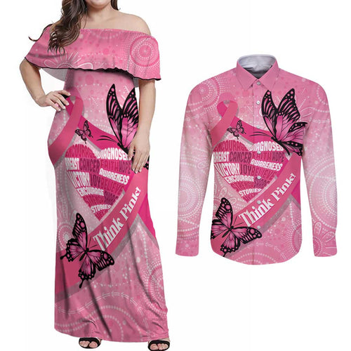 Australia Breast Cancer Awareness Month Couples Matching Off Shoulder Maxi Dress and Long Sleeve Button Shirt Pink Ribbon Mix Butterflies