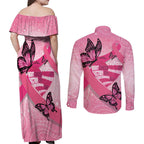 Australia Breast Cancer Awareness Month Couples Matching Off Shoulder Maxi Dress and Long Sleeve Button Shirt Pink Ribbon Mix Butterflies