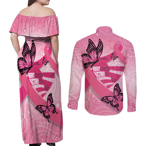 Australia Breast Cancer Awareness Month Couples Matching Off Shoulder Maxi Dress and Long Sleeve Button Shirt Pink Ribbon Mix Butterflies