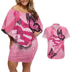 Australia Breast Cancer Awareness Month Couples Matching Off Shoulder Short Dress and Hawaiian Shirt Pink Ribbon Mix Butterflies