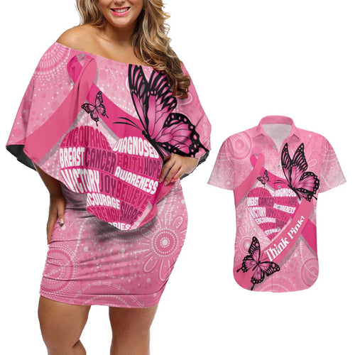 Australia Breast Cancer Awareness Month Couples Matching Off Shoulder Short Dress and Hawaiian Shirt Pink Ribbon Mix Butterflies