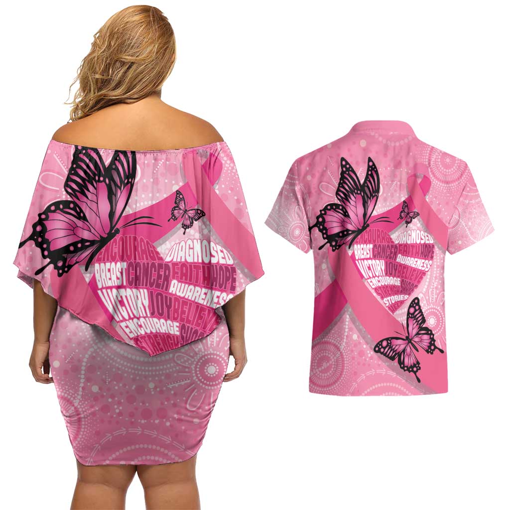 Australia Breast Cancer Awareness Month Couples Matching Off Shoulder Short Dress and Hawaiian Shirt Pink Ribbon Mix Butterflies