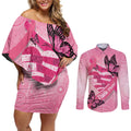 Australia Breast Cancer Awareness Month Couples Matching Off Shoulder Short Dress and Long Sleeve Button Shirt Pink Ribbon Mix Butterflies