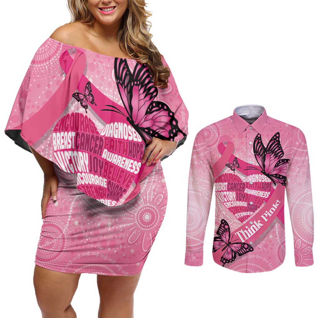 Australia Breast Cancer Awareness Month Couples Matching Off Shoulder Short Dress and Long Sleeve Button Shirt Pink Ribbon Mix Butterflies